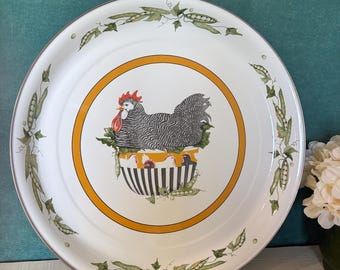 Vintage Chicken Platter | Farmhouse Kitchen Decor | Country Style Serving Tray | Rustic Enamelware Wall Plate | Dishwasher Safe Tray