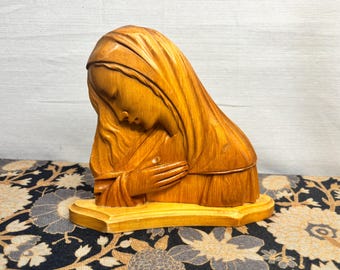 Vintage Made in Italy Hand Carved Madonna Statue | Mid-Century Modern Wood Religious Sculpture | Catholic Holy Family Figurine