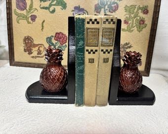 Vintage Bookends Carved Wood Pineapple  | Tropical Tiki Home Decor | Dark Wood Library Office Shelf Decor | Hollywood Regency | Whimsical