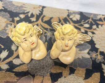 Vintage Set of 2 Cherub Angel Candle Holders | Thinking Angels Chalkware | Retro Birthday Angel Decor | Kitschy Mid Century Cherubs Gold