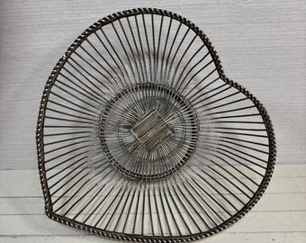 Vintage Silver Heart Shaped Wire Basket | Silver Plated Fruit Bowl | Mid Century French Style Metal Basket | Valentine Gift