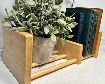 Vintage Expanding Bookcase Shelf | Natural Wood Dowel Slotted Book Stand | Minimalist Desktop Library | Light Wood Desktop Organizer