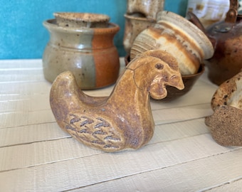 Vintage Pottery Chicken Figurine | Rustic Farmhouse Decor | Crackle Glaze Studio Pottery | Brown Speckled Hen |  Brutalist Chicken