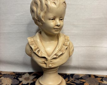 Vintage Alexander Backer Chalkware Boy Bust Statue | Victorian Revival Child Sculpture | Cream White Ruffled Collar | Mid-Century ABCO Decor