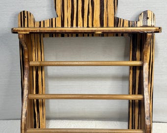 Vintage Handmade Wood Towel Rack Shelf | Rustic Folk Art Bathroom Storage | Dual Bar Kitchen Organizer | Tiger Stripe Wood Wall Decor