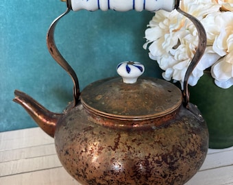 Vintage Rustic Copper Teapot | Antique Farmhouse Kettle | Cottagecore Kitchen Decor | Blue and White Porcelain Handle | Delft Handle Design