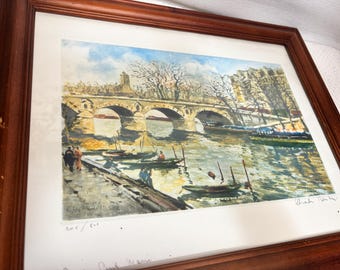 Vintage Pont Neuf Paris Art Print | Signed Marc St. Clair Watercolor Lithograph | Framed French Bridge Scene | Limited Edition