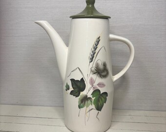 Vintage Palissy England Coffee Pot | Green Lid Wheat Pattern | MCM Ceramic Teapot | Royal Worcester Group | Retro 1960s English Kitchen