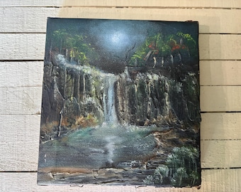 Original Moody Painting | 6 x 6 Painting | Moonlight Waterfall Landscape | Rustic Textured Wall Art | Dark Academia Forest Art |