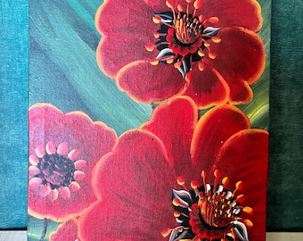 Original Floral Painting | | 7 x 9 Painting | Red Flowers on Canvas | Botanical Wall Art | Cottagecore Handmade Art | Modern Folk Art