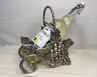 Vintage Silver Toned Wine Bottle Holder | Ornate Grape & Vine Metal Cradle | Elegant Barware Centerpiece | Silver Caddy | Gift Wine Lover