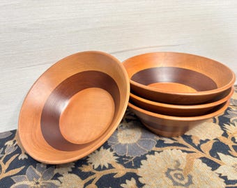 Mid Century Modern Wood Bowls Set of 4 | Retro Two Tone Inlay Serving Bowls | MCM Kitchen Decor | Rare Striped Wooden Salad Bowl Set