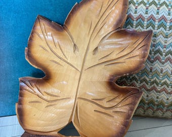 Vintage Hand-Carved Wooden Leaf Bowl | Mid-Century Boho Decor Tray