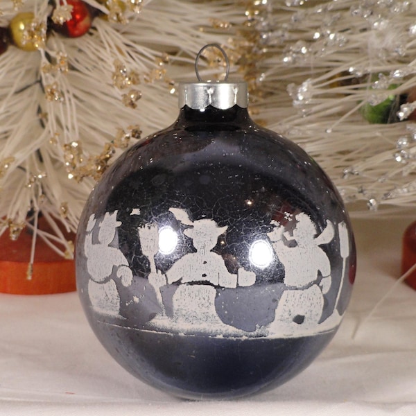 USA Vintage Rare Purple Snowman Stencil Scene Glass Christmas Tree Ornament