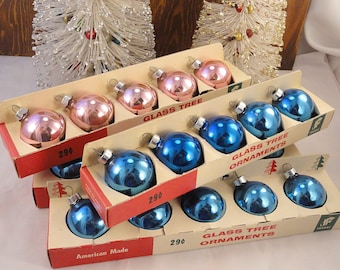 Vintage Tray of 5 George Franke Small Glass Ball Christmas Tree Ornaments Pink or Blue 1-3/4"