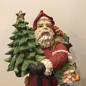 Vintage 16&quot; Resin Old World Santa Claus Christmas Statue Figure Red Santa With Tree JC Penney