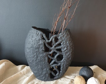 Intybus - Openwork,One Of a Kind, Wabi Sabi Papier Mâchè, Black, Large Vase. Entryway Or Table, Handmade Decor To Bold Interiors. Gift Idea.