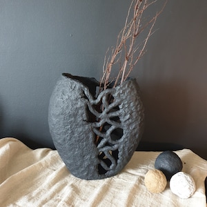 Intybus - One of a Kind Wabi Sabi Black Paper Mâché Vase | Bold Handmade Decor | Unique Gift for Japandi & Rustic Interiors