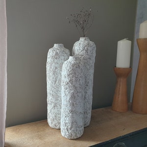 Lot de 3 vases, papier mâché, vase texturé, plan de travail naturel minimaliste Japandi, plantes séchées, plantes séchées, blanc brut, grand vase image 2