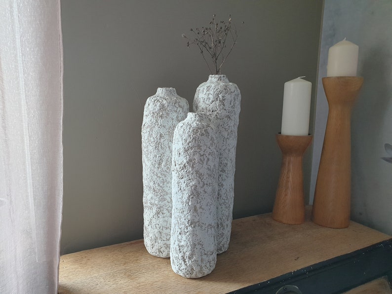 Lot de 3 vases, papier mâché, vase texturé, plan de travail naturel minimaliste Japandi, plantes séchées, plantes séchées, blanc brut, grand vase image 2