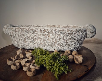 White Vernus Rustic Handmade Paper Mache Bowl – Long Oval Textured Tray, Eco Decor