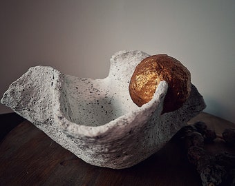 Cerasus - Modern Paper Mache White Waved Bowl with a Hint of Gold.