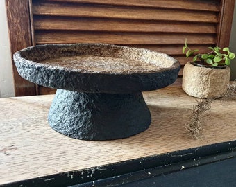 Nerine Handmade Wabi Sabi Paper Mache Pedestal Tray - Black Textured Decor