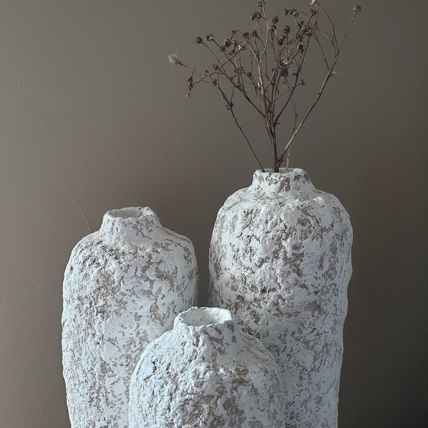 VASE SET Of 3, PAPER Mache, Textured Vase, Imperfect Japandi Minimalistic Natural Countertop Dried Plants Raw WhiteTall Vases Set