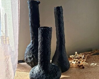 Sculptural Black Paper Mache Vases, Wabi Sabi Japandi Statement Decor Set
