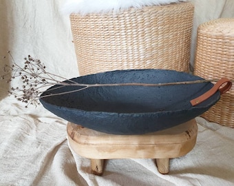 Hedera Paper Mache Wabi Sabi Bowl – Black Oval, Leather Handle, Modern Decor