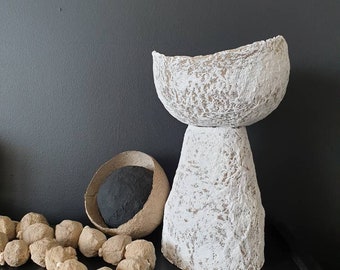 Tulipa Handmade Whitewashed Paper Mache Bowl – Tall Pedestal, Stone Effect