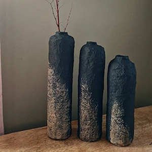 Fagus - Wabi Sabi 3 Black Vase Set | Japandi Ceramic Effect Paper Mache Vases | Modern Rustic | Minimalist Home Décor & Housewarming Gift