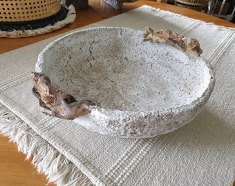Clivia Whitewashed Paper Mache Bowl with Driftwood Handles - Rustic Scandi Decor