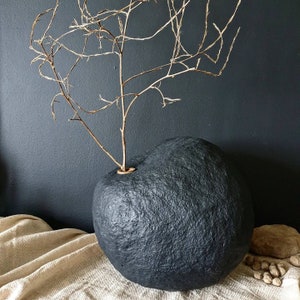Aruncus - Minimalistic, Wabi-Sabi, Black, Ball Shape Vase For Branch Styling, Simple, Raw, Organic Shape With Wooden Accent, Gift For Him
