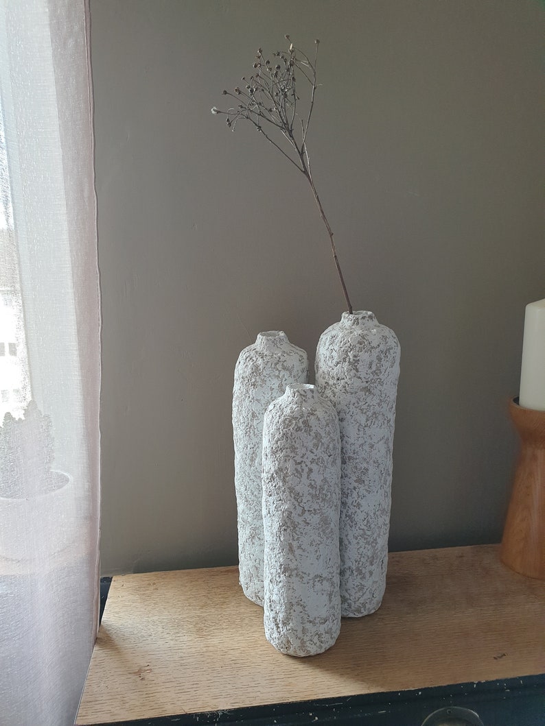 Lot de 3 vases, papier mâché, vase texturé, plan de travail naturel minimaliste Japandi, plantes séchées, plantes séchées, blanc brut, grand vase image 3