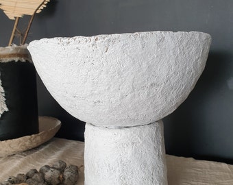 Handmade Paper Mache Irregular Big Pedestal Bowl – Rivina - White Wabi Sabi Scandi Rustic Decor