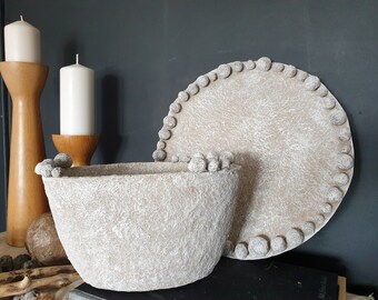 Handmade Paper Mache Bowl and Tray – Arundo - Whitewashed Bubbled Set, Japandi Decor