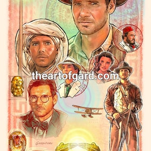 May include: A collage of images related to the Indiana Jones franchise. The central image is a portrait of Indiana Jones, wearing his signature fedora and holding a whip. Other images include the Ark of the Covenant, a snake, a plane, and various characters from the films.