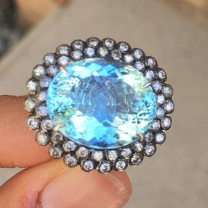 Fine Aquamarine Cocktail Ring, Aquamarine Ring, White Gold Statement Ring, diamond Aquamarine Engagement Ring, Diamond Halo Engagement Ring