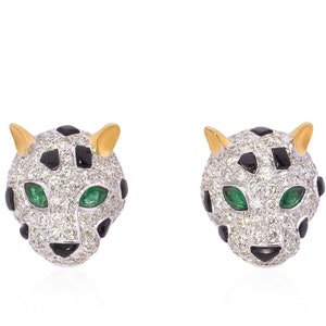 Clous d'oreilles en or blanc 14 carats avec diamants panthère, clous d'oreilles diamant panthère, panthère émeraude, boucles d'oreilles panthère onyx noir émeraude, bijoux animaliers