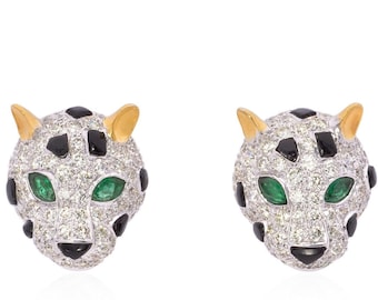 14k White Gold Diamond Panther earrings studs, Diamond Panther studs, emerald panther, emerald black onyx panthEr Earrings, animal jewelry