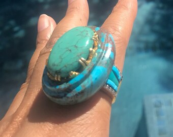 Sterling Turquoise Diamond Ring, Carved Turquoise Ring, Fine Turquoise Diamond Jewelry