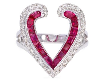 14k White Gold Diamond Ruby Heart Ring, 14k White Gold Heart With Natural Ruby, 14k Gold Genuine Ruby Ring, July Birthstone, Romantic Ring