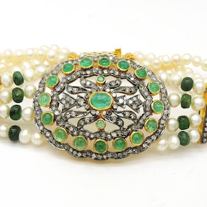 Reserviert Edwardian Victorian Stand Armband Natürliche 2ct Diamant geschnitzt 17ct Smaragd Perle 18k Gold