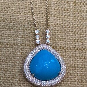 13 carat Diamond sleeping beauty turquoise pendant Necklace, 18k gold  turquoise diamond necklace, diamond turquoise chain, oval pendant