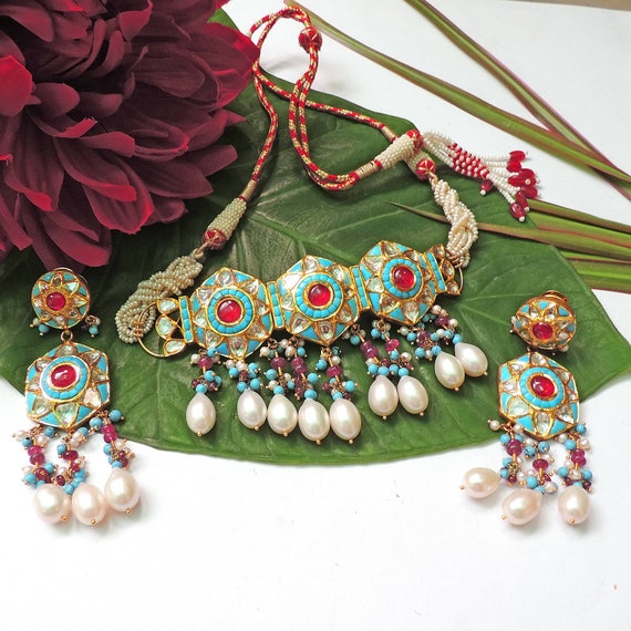 Gold moughal polki diamond Turquoise Ruby Necklace Set, gold turquoise necklace, Gold ruby necklace, Ruby earrings, Gold Turquoise Earrings
