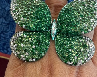 Anillo de mariposa de diamantes en oro de 18 quilates con titanio, mariposa de rubí, mariposa de zafiro, mariposa de granate, alas de diamantes móviles, bijoux de papillon