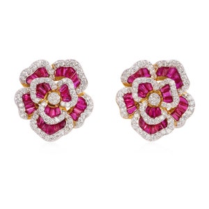 Pendientes de rubí y diamantes de oro blanco de 14 k, pendientes de rubí natural de oro blanco, pendientes de diamantes de rubí genuinos, piedra de nacimiento de julio, joyería de flores
