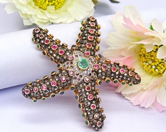 Silver diamond Starfish pendant Ruby Emerald Diamond Pendant, starfish necklace, diamond starfish necklace, unique necklaces, beach necklace