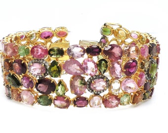 72 carat Tourmaline Diamond Cuff - Multi color Tourmaline Bangle - multi Gemstone Bangle - Multistone Bangle - cuff Bracelet